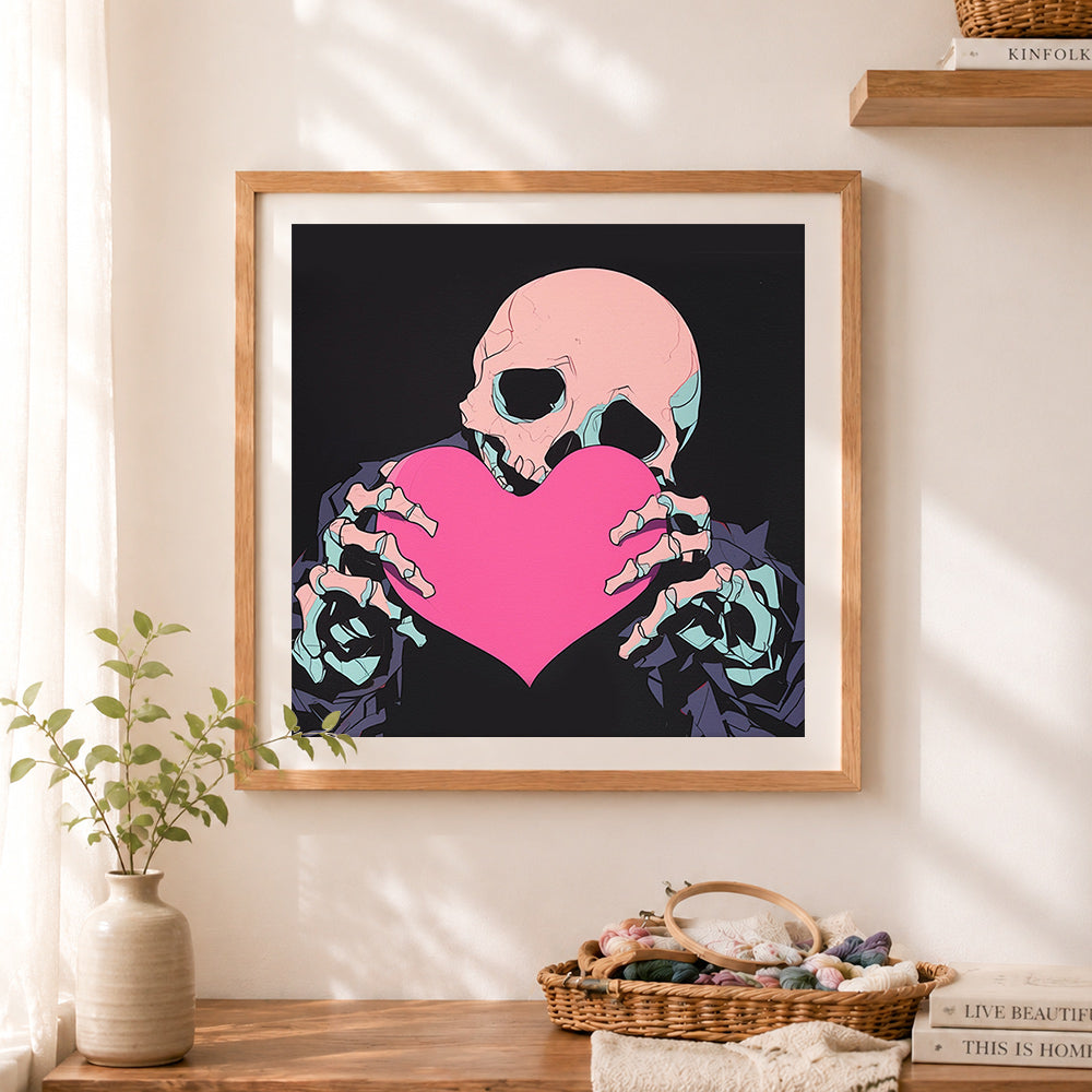 Finished skeleton holding a heart cross stitch artwork displayed as home decor