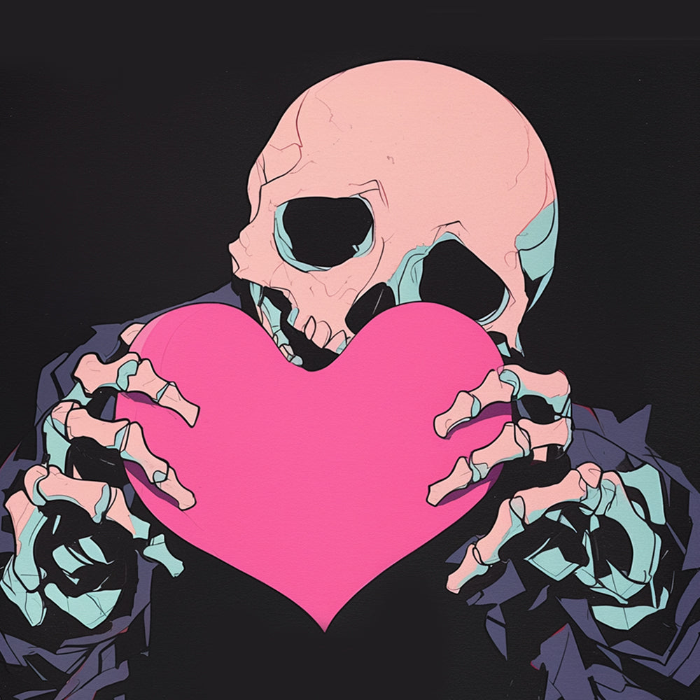 Skeleton holding a heart cross stitch kit for beginners