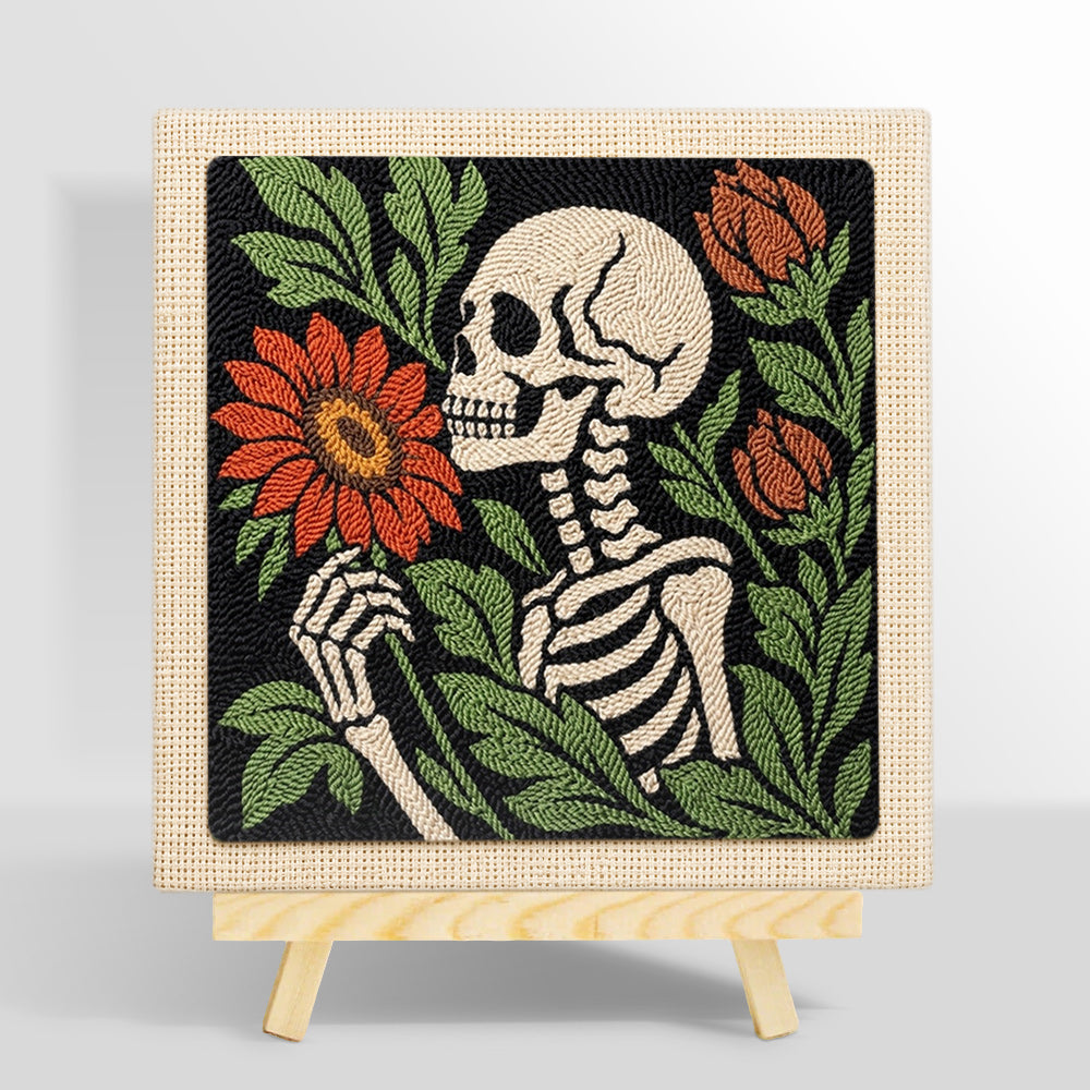 Skeleton holding blooms punch needle kit for beginners