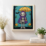Finished skeleton holding yellow umbrella artwork displayed on a wall