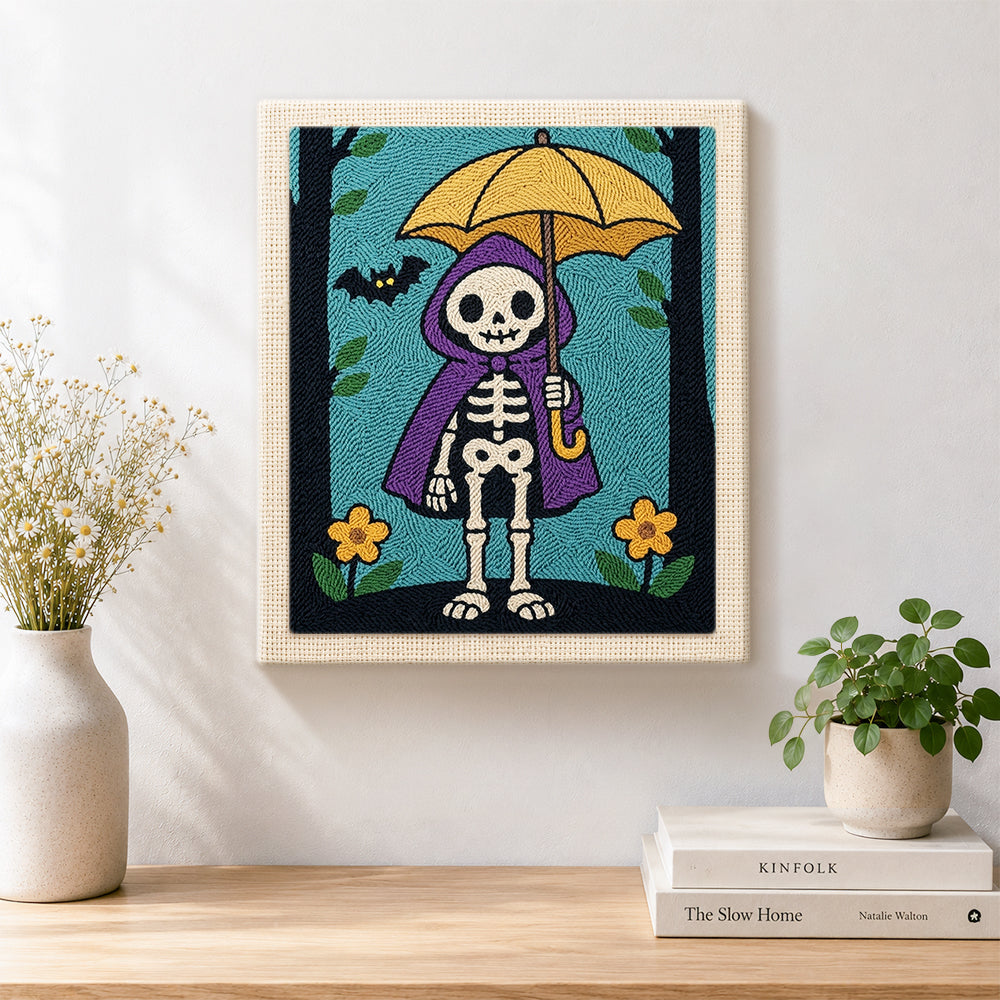 Finished skeleton holding yellow umbrella artwork displayed on a wall