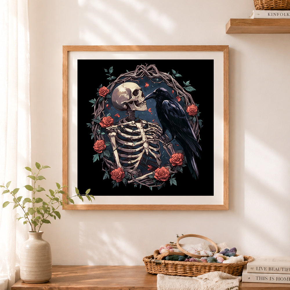 Finished skeleton raven red roses cross stitch artwork displayed as home decor