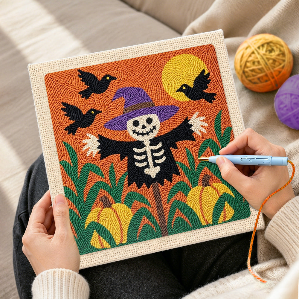 Creating handmade skeleton scarecrow in pumpkin field punch needle artwork