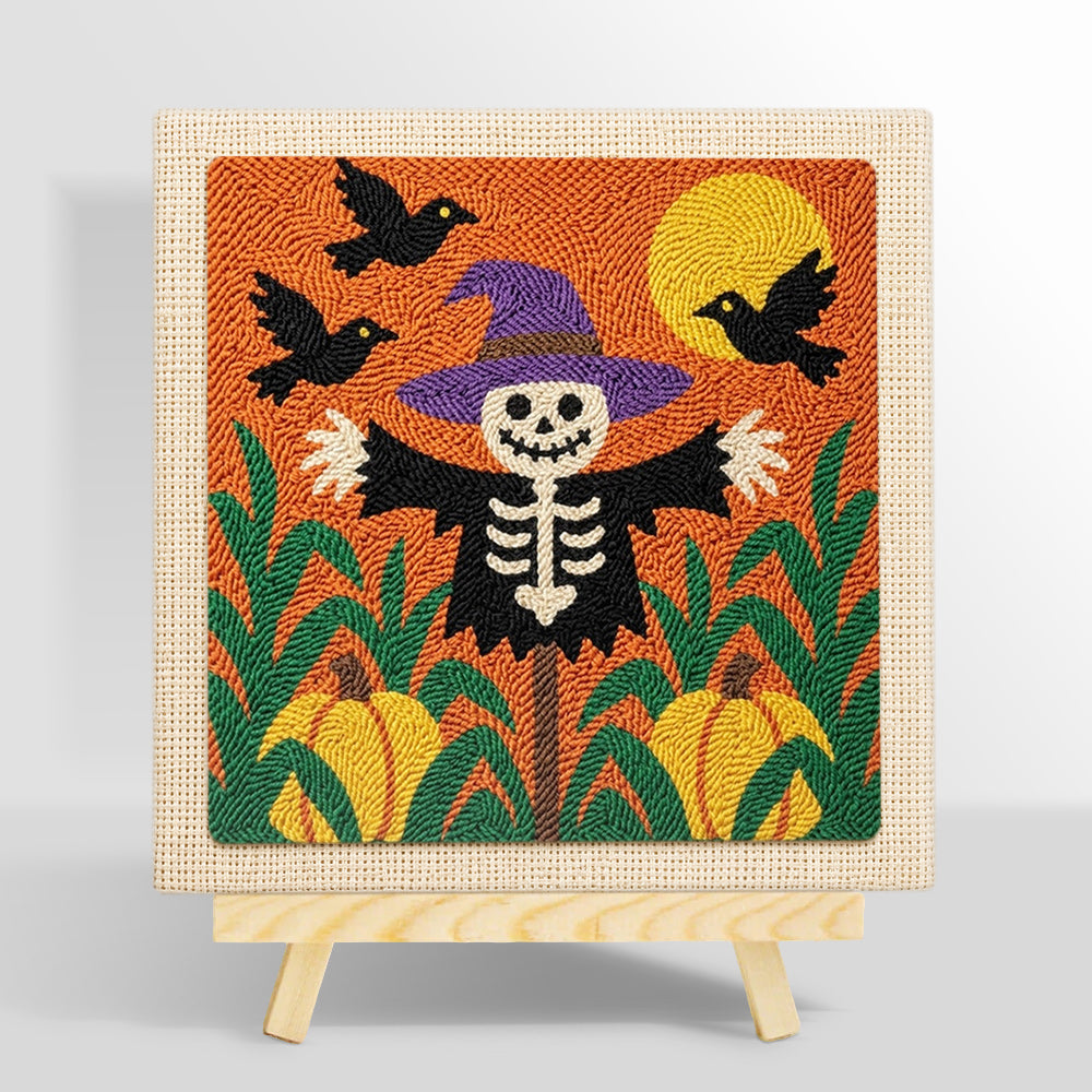 Skeleton scarecrow in pumpkin field punch needle kit for beginners