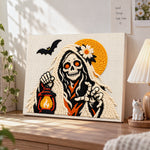 Skeleton spirit holding lantern punch needle artwork displayed on a table