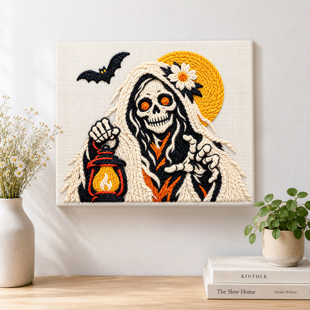 Finished skeleton spirit holding lantern artwork displayed on a wall