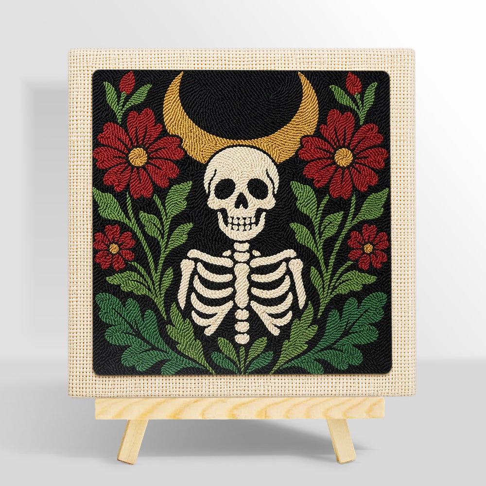 Skeleton surrounded by red blooms punch needle kit for beginners