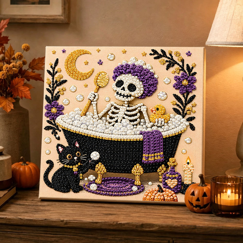Finished skeleton taking bath pearl diamond painting artwork displayed as holiday home decor