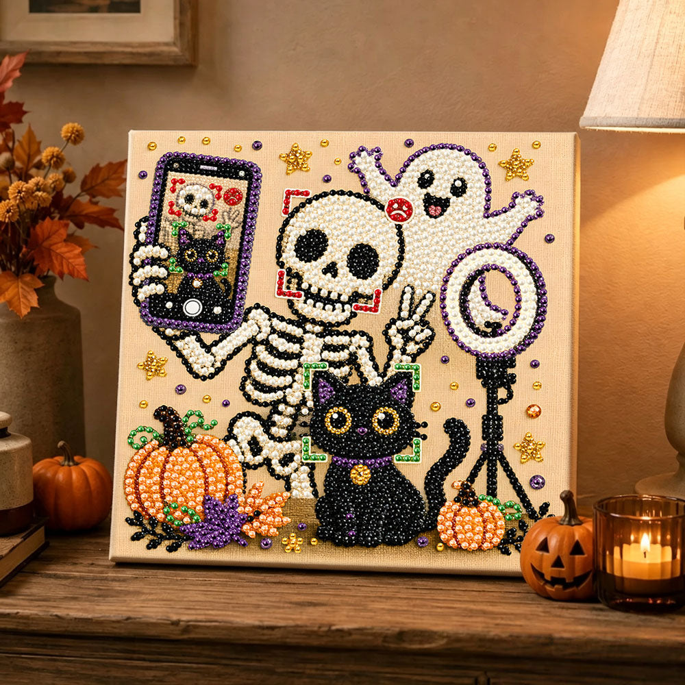 Finished skeleton taking selfie with ghost pearl diamond painting artwork displayed as holiday home decor