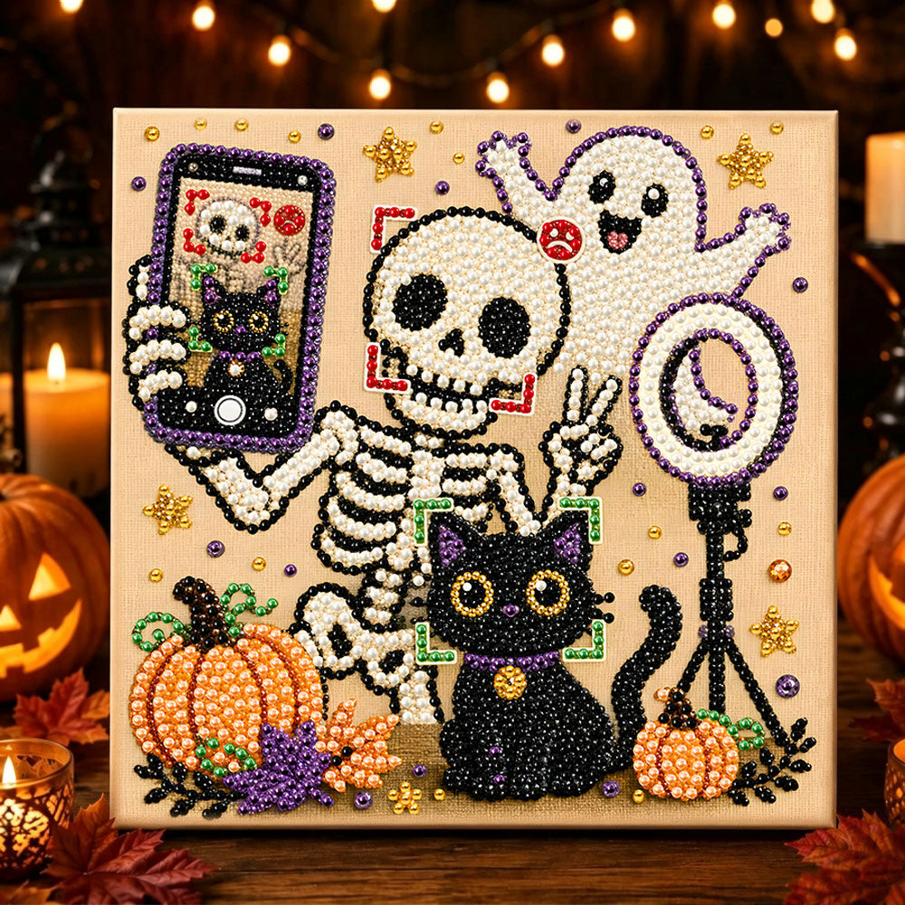 Skeleton taking selfie with ghost pearl diamond painting kit for beginners