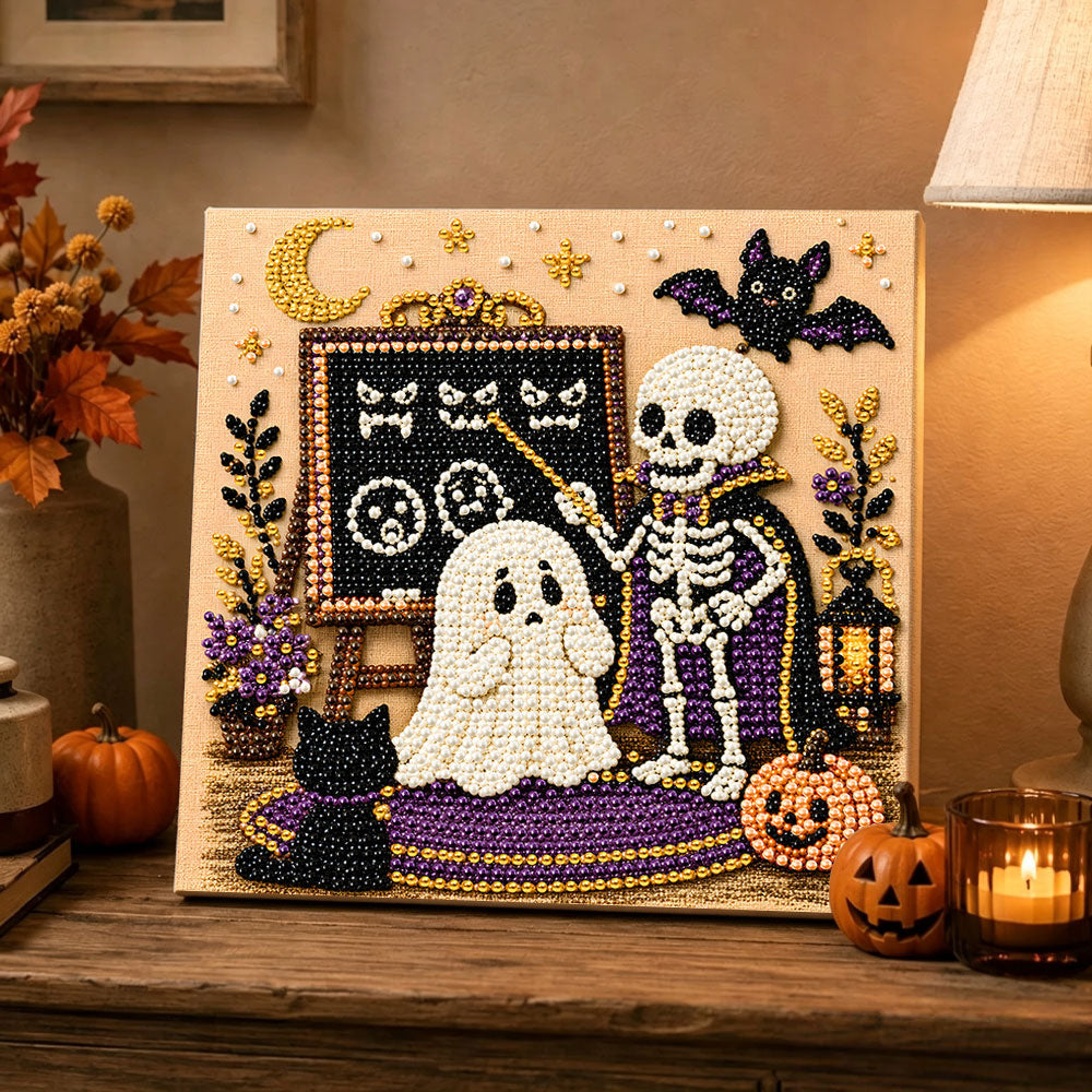 Finished skeleton teaching ghost pearl diamond painting artwork displayed as holiday home decor