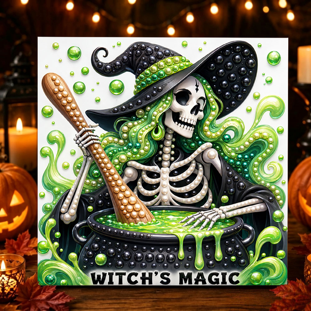 Skeleton witch brewing potion pearl diamond painting kit for beginners