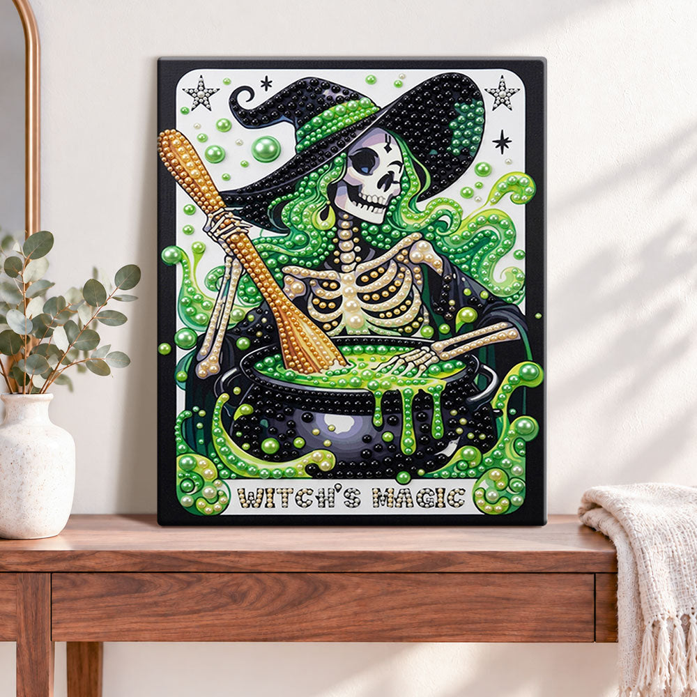 Finished skeleton witch magic pearl diamond painting artwork displayed as home decor