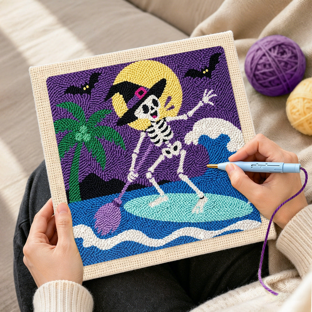 Creating handmade skeleton witch paddle surfing punch needle artwork