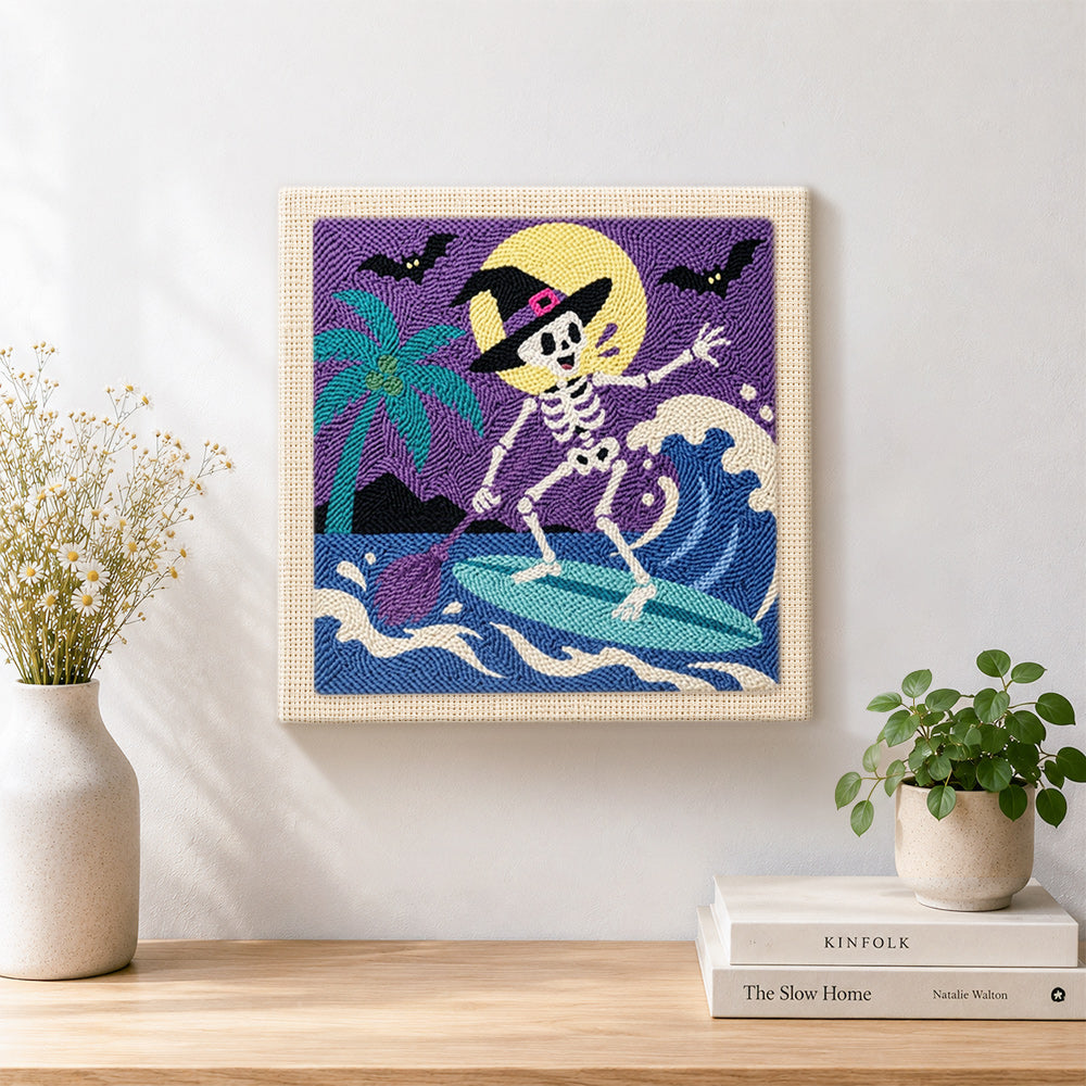 Finished skeleton witch surfing waves artwork displayed on a wall