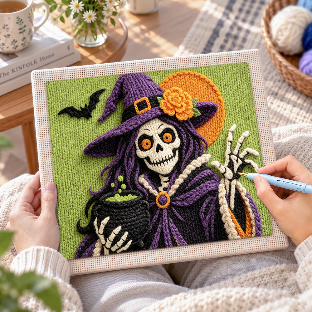Creating handmade skeleton witch with cauldron punch needle artwork