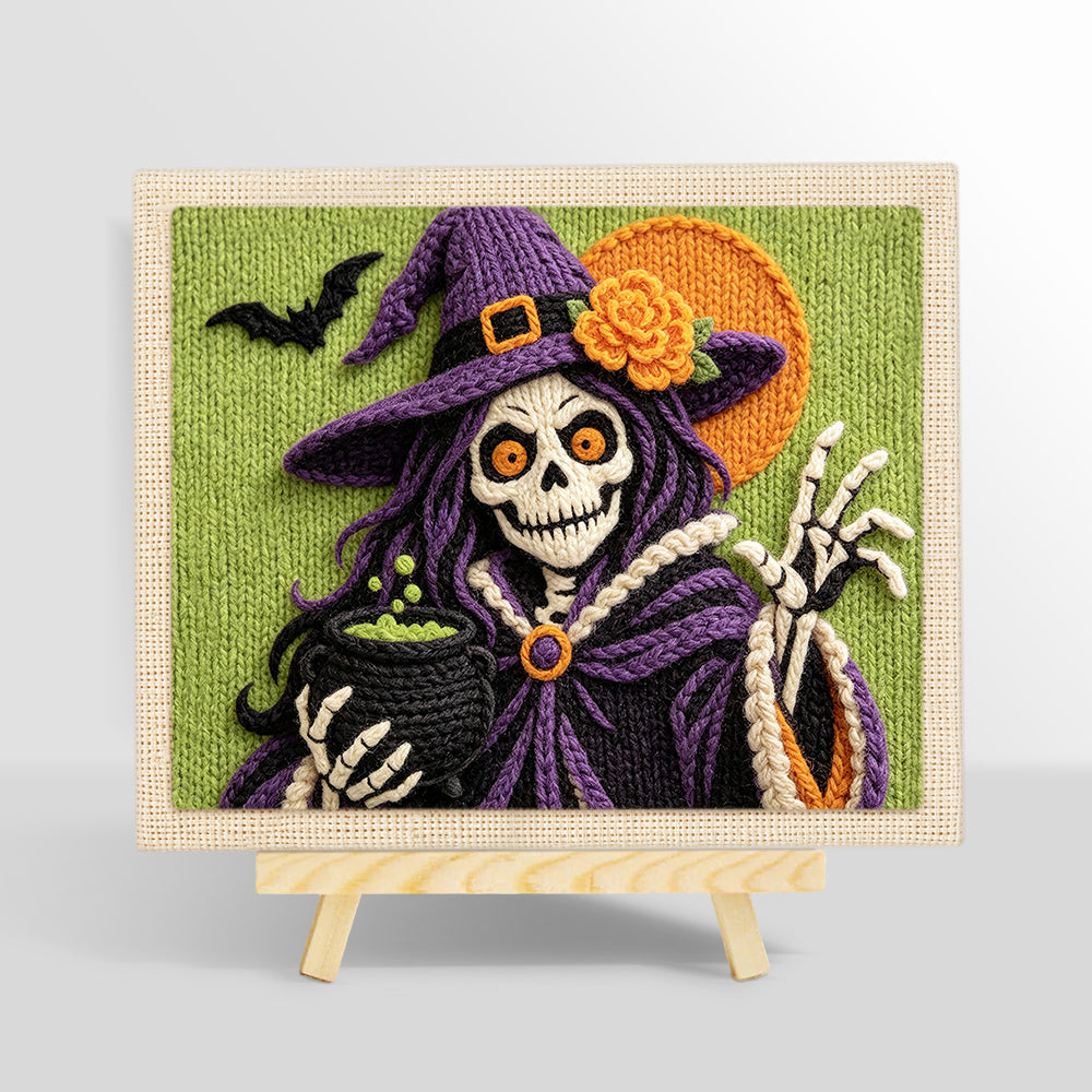 Skeleton witch with cauldron punch needle kit for beginners