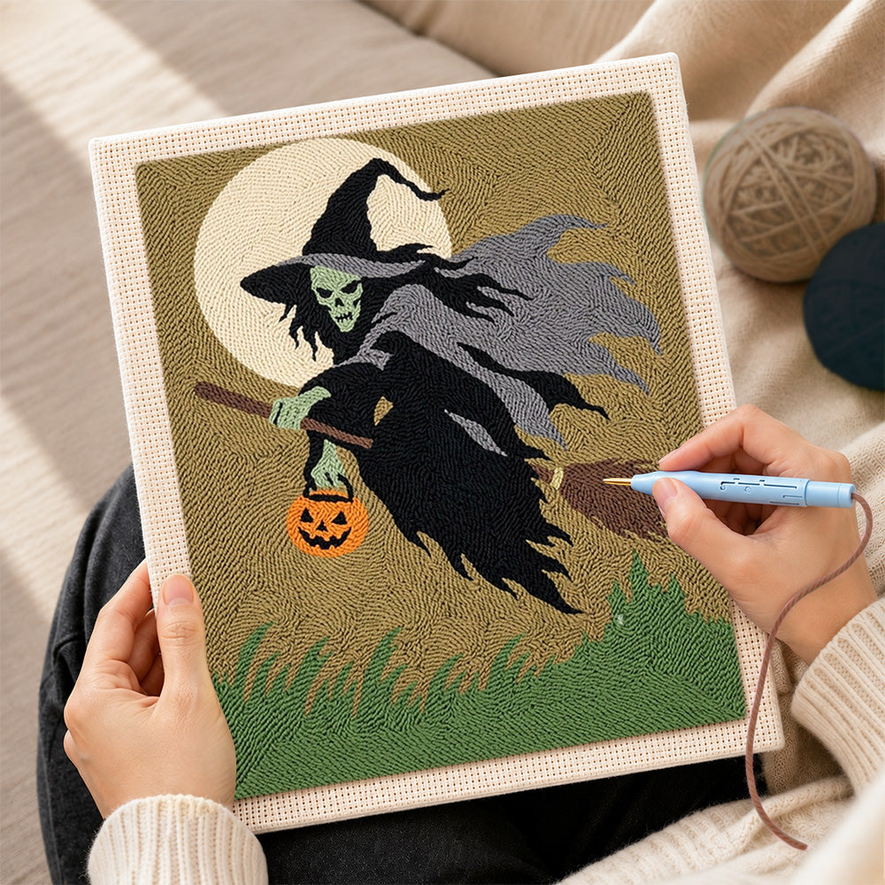 Creating handmade skeleton witch with pumpkin lantern punch needle artwork