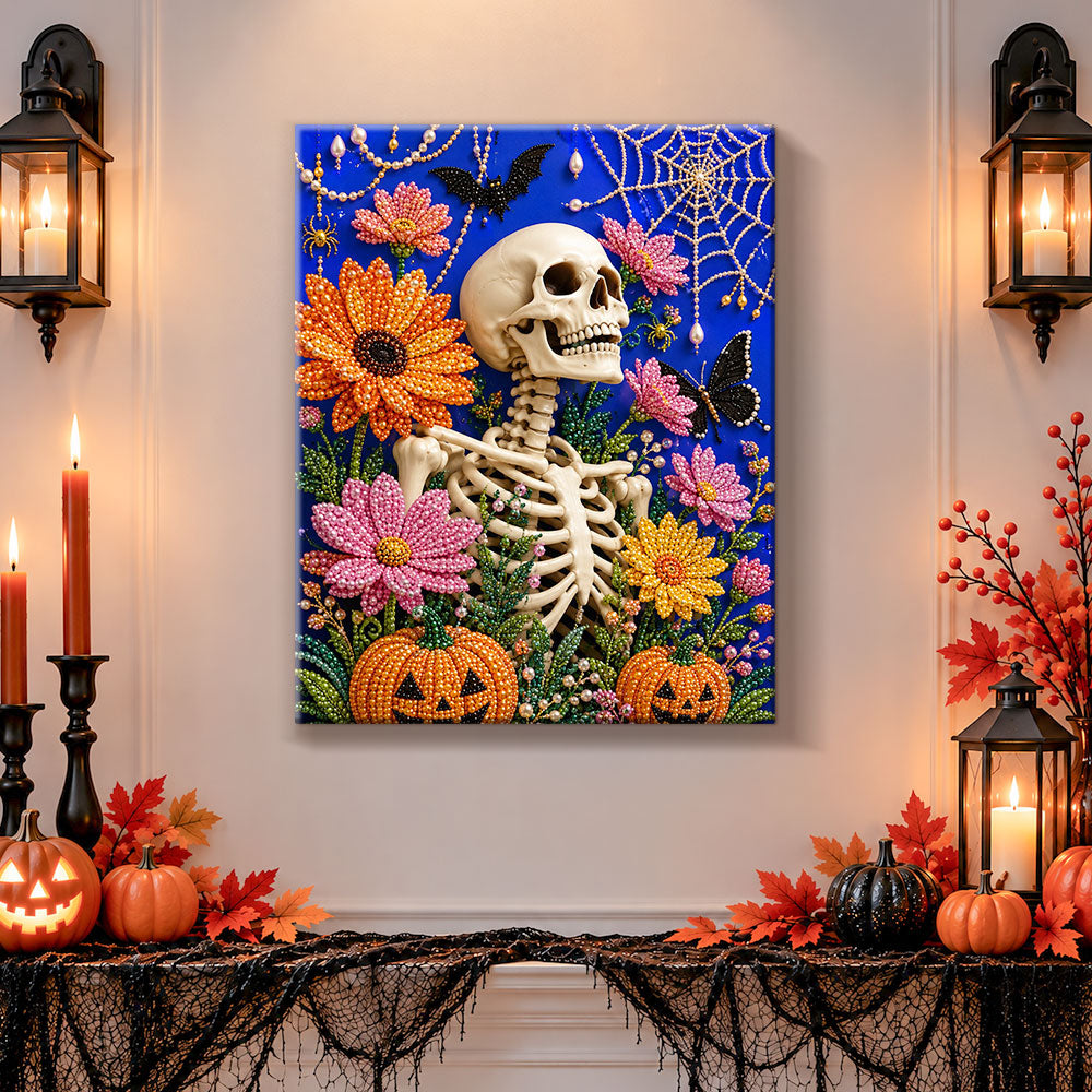Finished skeleton with colorful blossoms pearl diamond painting artwork displayed as holiday home decor
