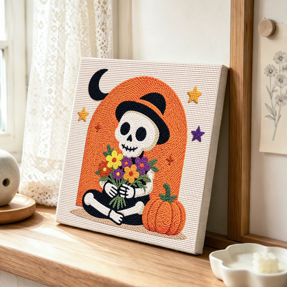 Creating handmade skeleton with flower bouquet punch needle artwork