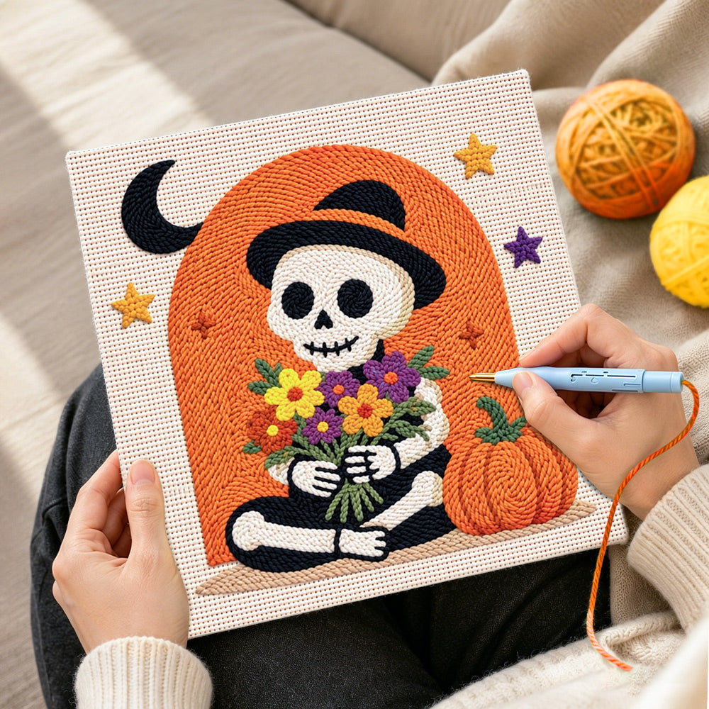 Skeleton with flower bouquet punch needle kit for beginners