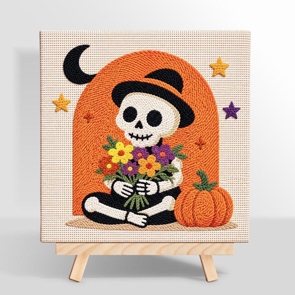Finished skeleton with flower bouquet artwork displayed on a wall