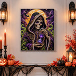 Finished skeleton with hourglass pearl diamond painting artwork displayed as holiday home decor