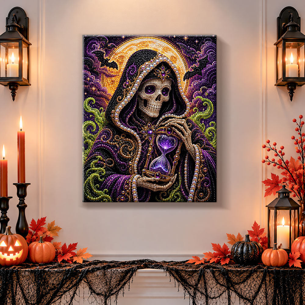 Finished skeleton with hourglass pearl diamond painting artwork displayed as holiday home decor