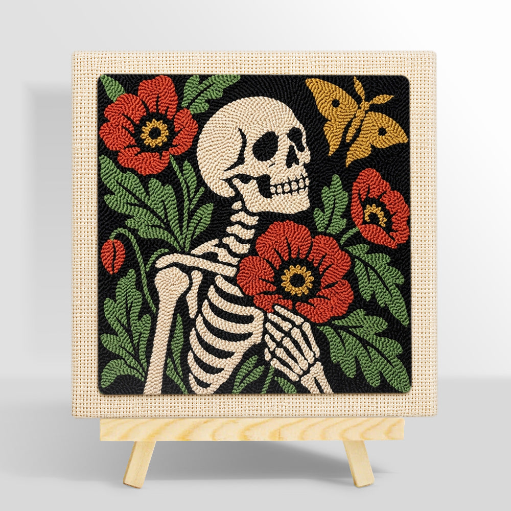 Skeleton with poppies and butterfly punch needle kit for beginners