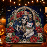 Skeleton with white cat and poinsettia pearl diamond painting kit for beginners