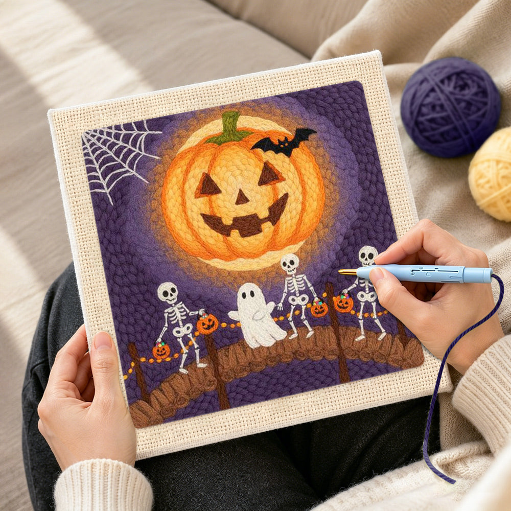 Creating handmade skeletons trick or treat parade punch needle artwork