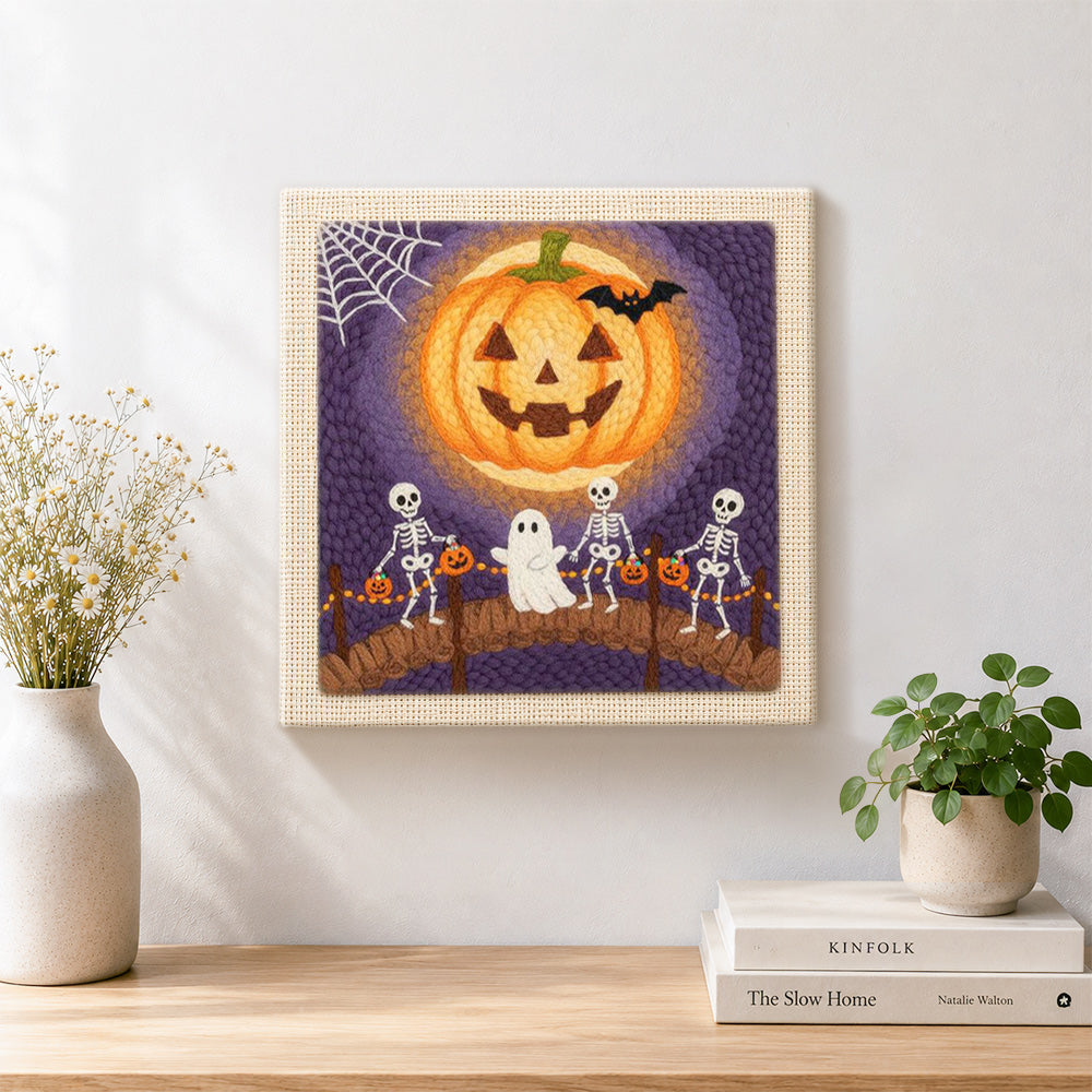 Finished skeletons trick or treat parade artwork displayed on a wall