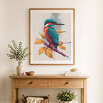 Finished sketch style kingfisher cross stitch artwork displayed as home decor