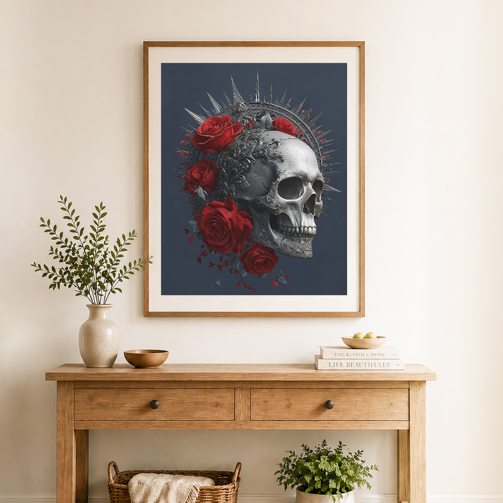 Finished skull and red roses cross stitch artwork displayed as home decor