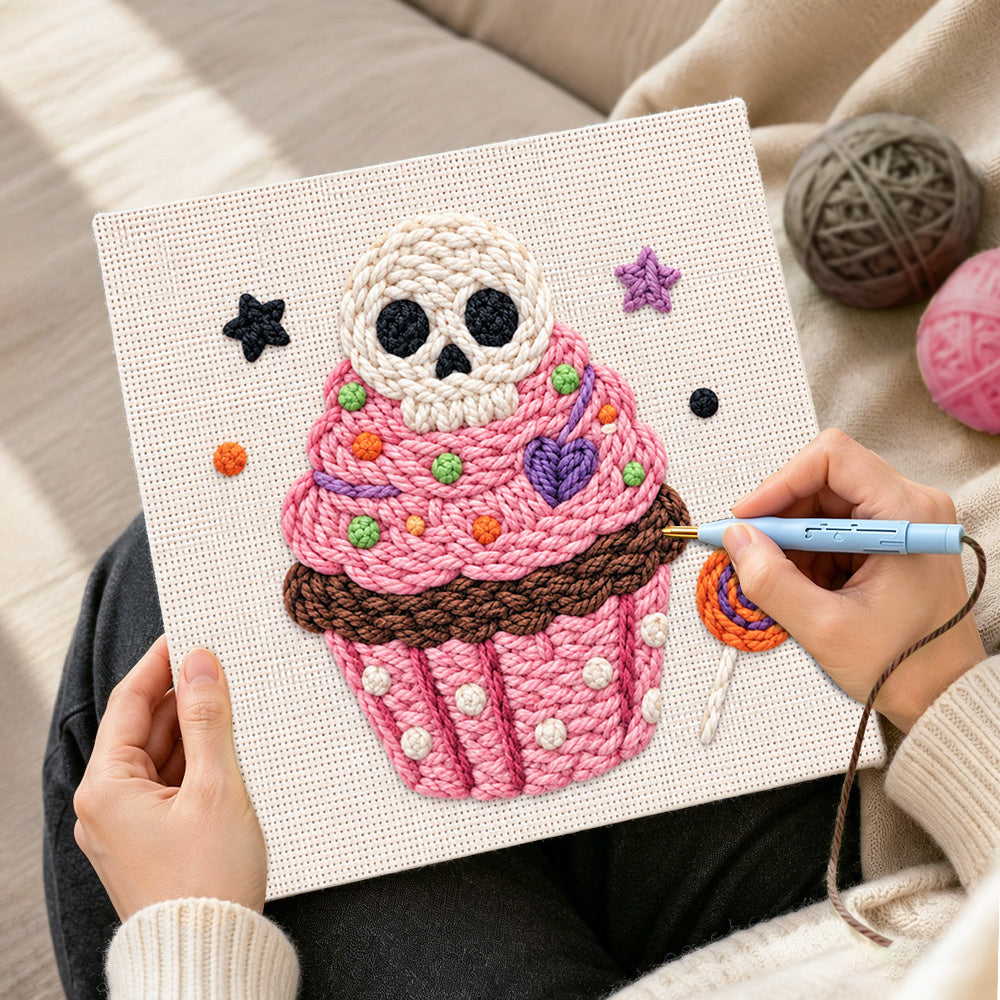 Creating handmade skull cupcake treat punch needle artwork