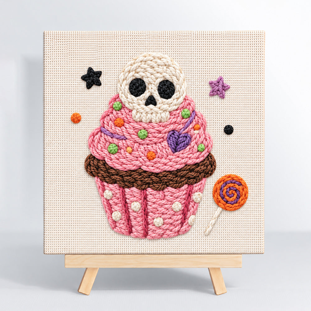 Skull cupcake treat punch needle kit for beginners