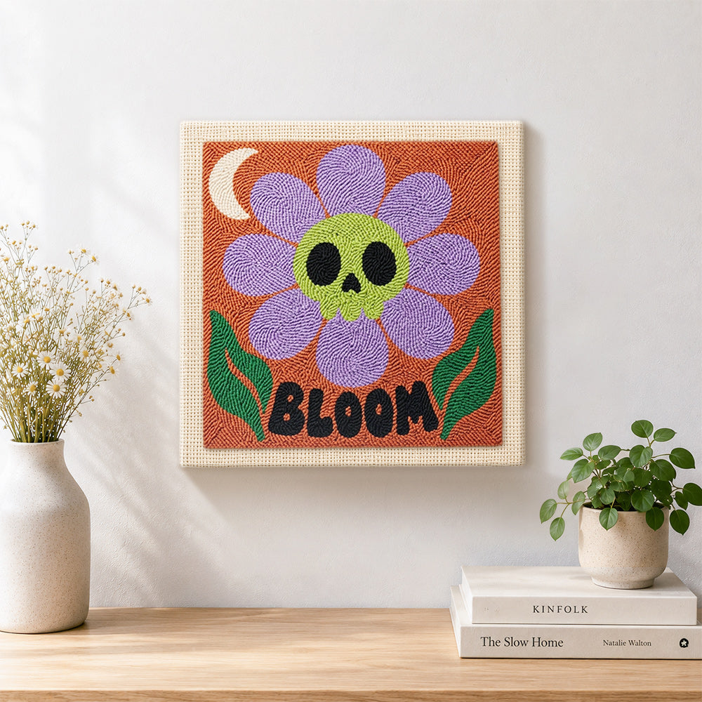 Finished skull flower bloom artwork displayed on a wall