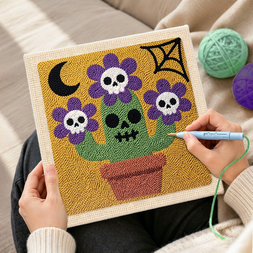Creating handmade skull flower cactus punch needle artwork