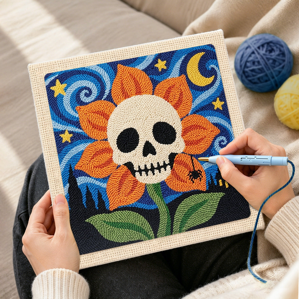 Creating handmade skull flower under starry sky punch needle artwork
