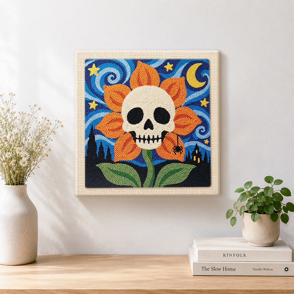 Finished skull flower under starry sky artwork displayed on a wall