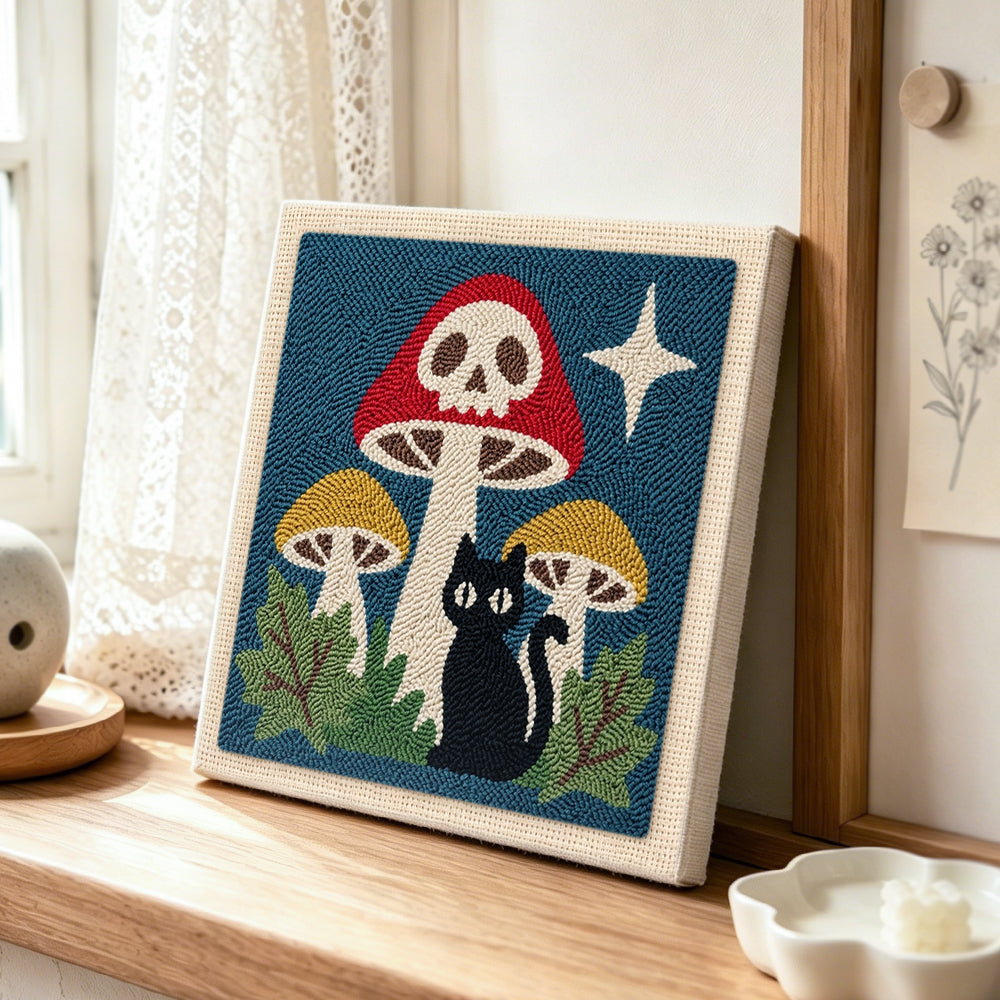 Skull mushroom and black cat punch needle artwork displayed on a table