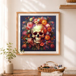 Finished skull surrounded by vibrant blooms cross stitch artwork displayed as home decor