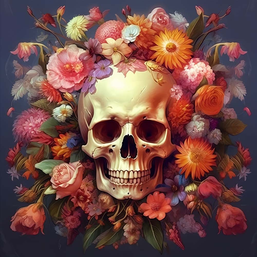Skull surrounded by vibrant blooms cross stitch kit for beginners