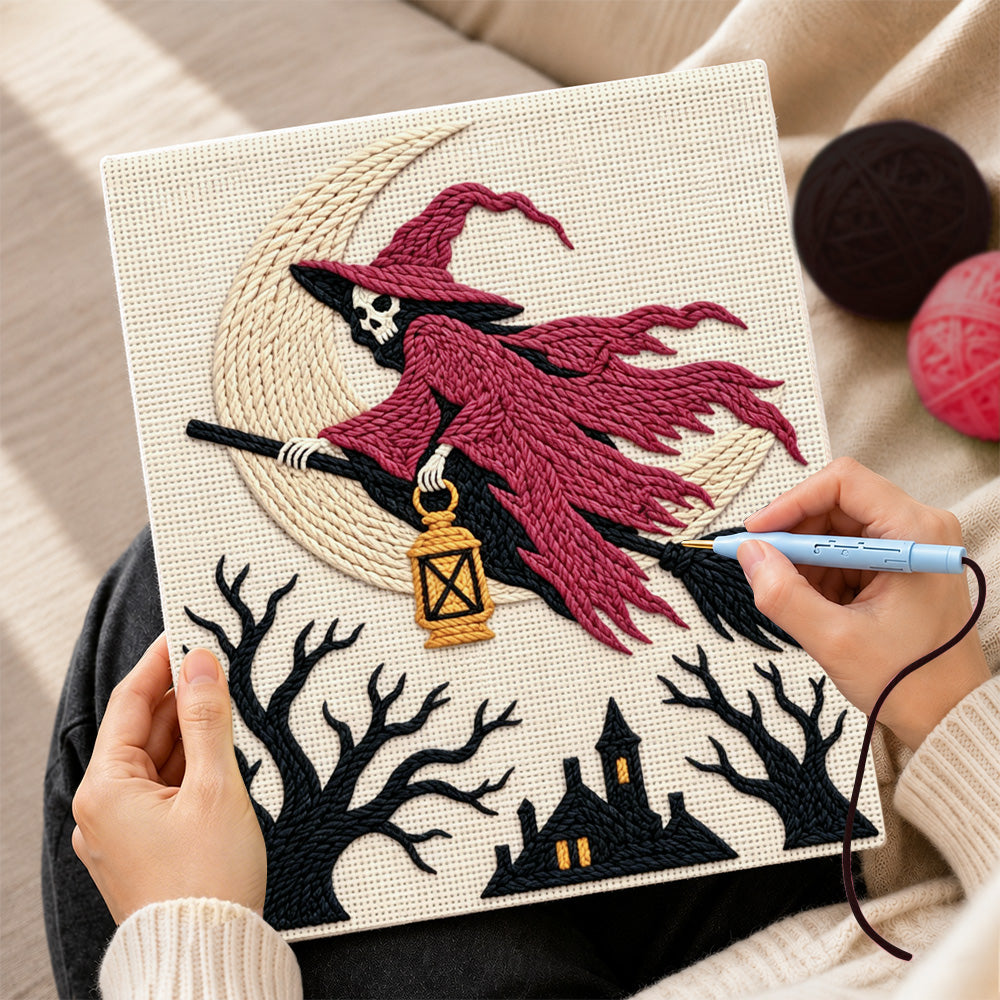 Creating handmade skull witch on broom punch needle artwork
