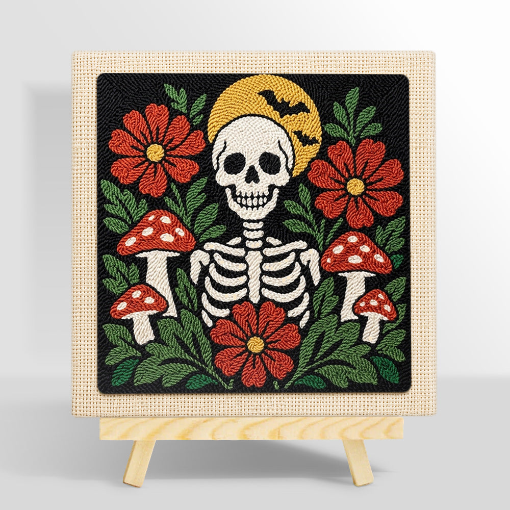 Skull with flowers and mushrooms punch needle kit for beginners