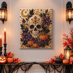 Finished skull with moon and autumn blooms pearl diamond painting artwork displayed as holiday home decor