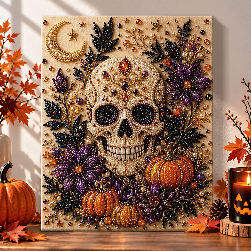 Skull with moon and autumn blooms pearl diamond painting kit for beginners
