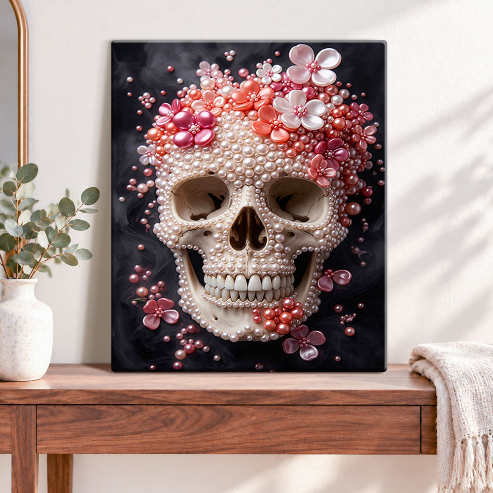 Finished skull with pearl blooms pearl diamond painting artwork displayed as home decor