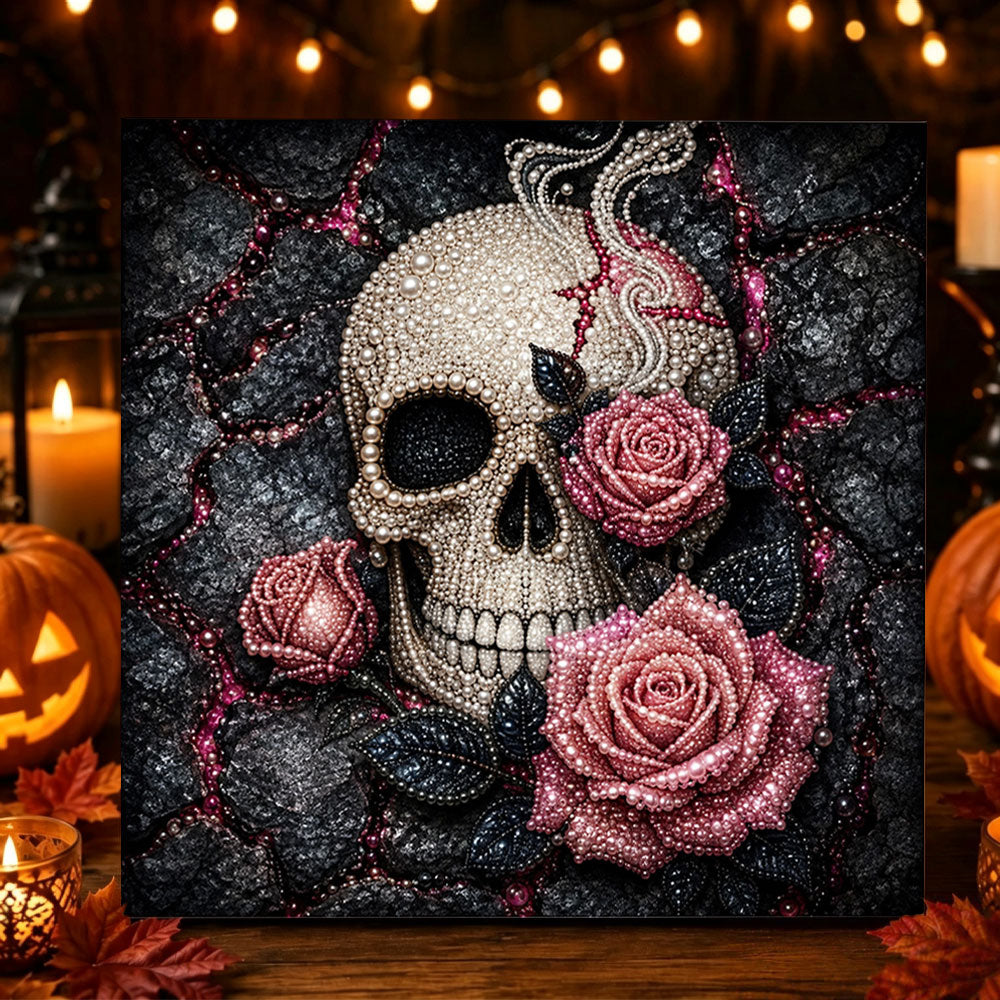 Skull with pink roses pearl diamond painting kit for beginners