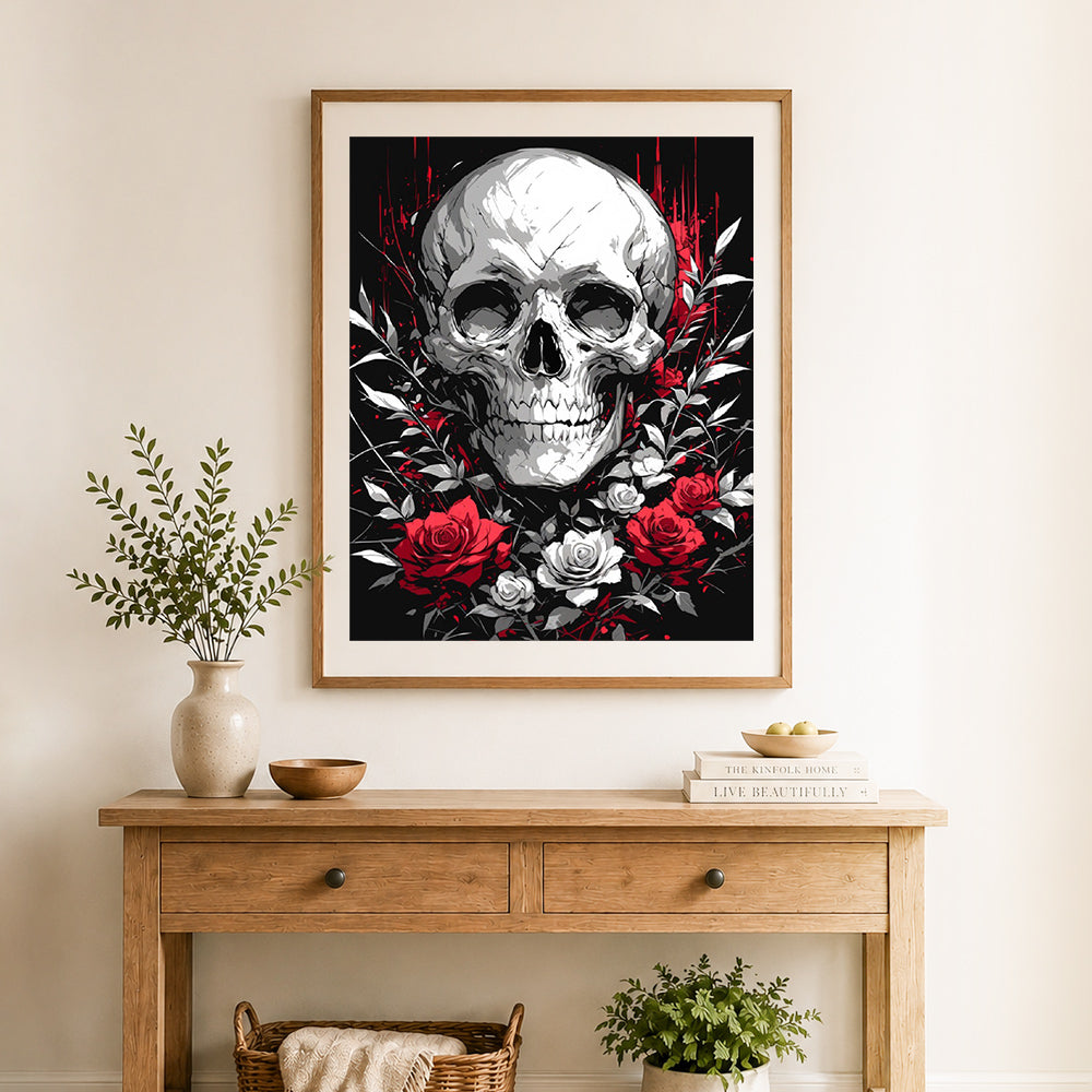 Finished skull with red roses cross stitch artwork displayed as home decor